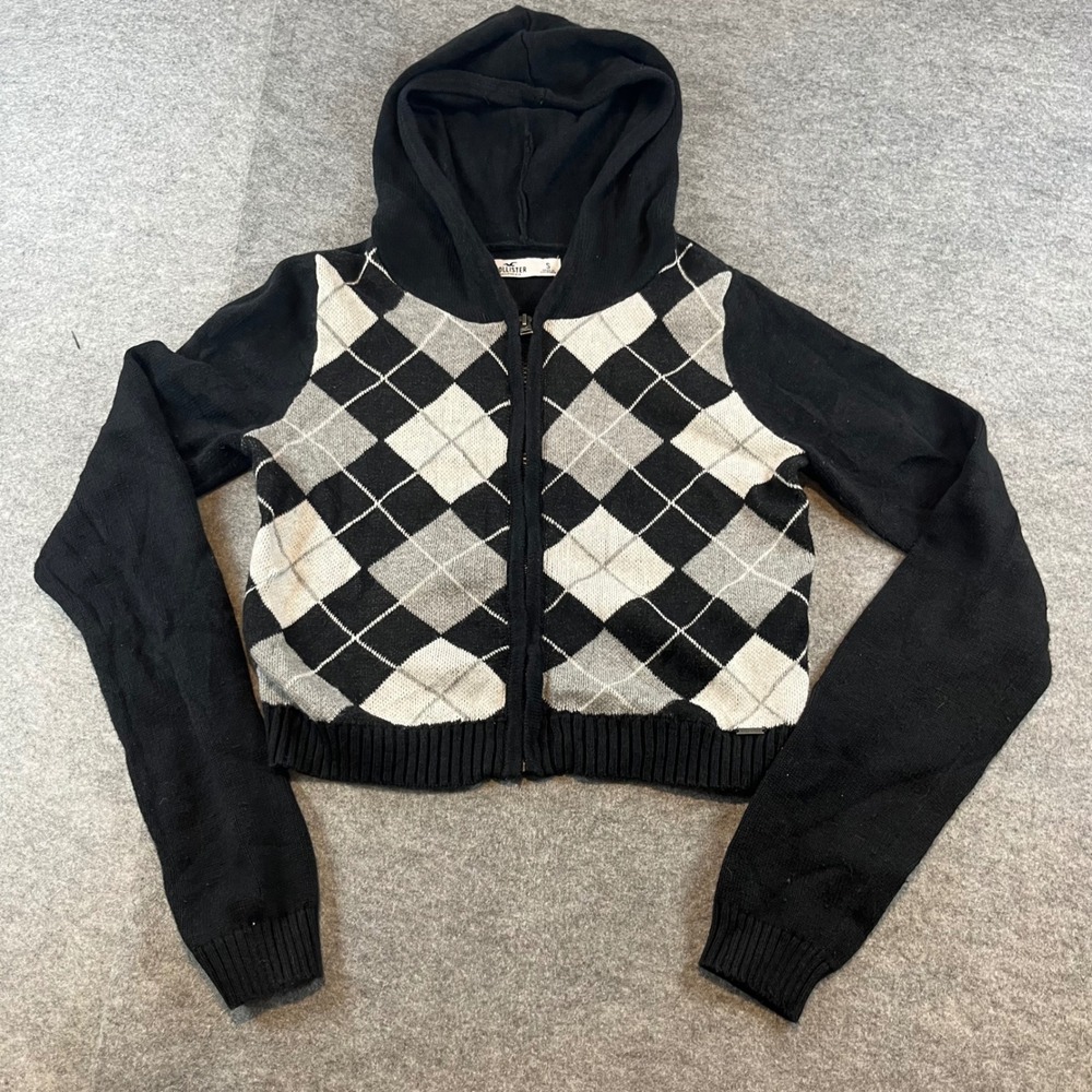 Hollister Womens Argyle Zip Up Hoodie Black Grey Preppy Y2K Cropped Sweater S